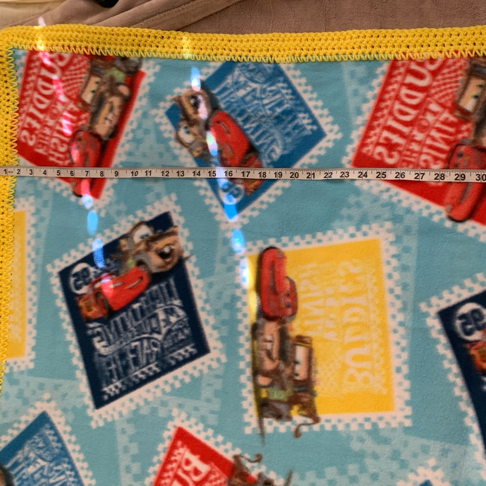 Children’s Blanket Handmade Crochet Disney’s Cars Blue Red Yellow McQueen - Picture 5 of 6